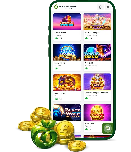 Smartphone showing Woolworths Casino games lobby